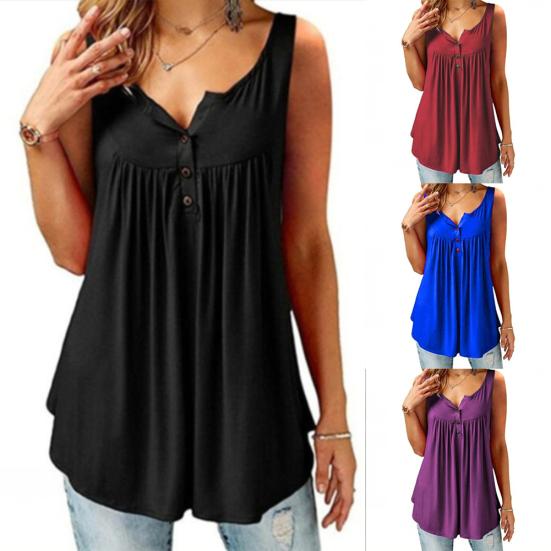 Women Solid Color U Neck Camisole Sleeveless Pleated Tank Top Button Loose Vest