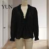 Classic Fall Top Women Ruffle V-Neck Top, Solid Color Casual Long Sleeve Breathable Shirt Pullover Shirt, Retro Pleated Loose Blouse for Autumn V-neck