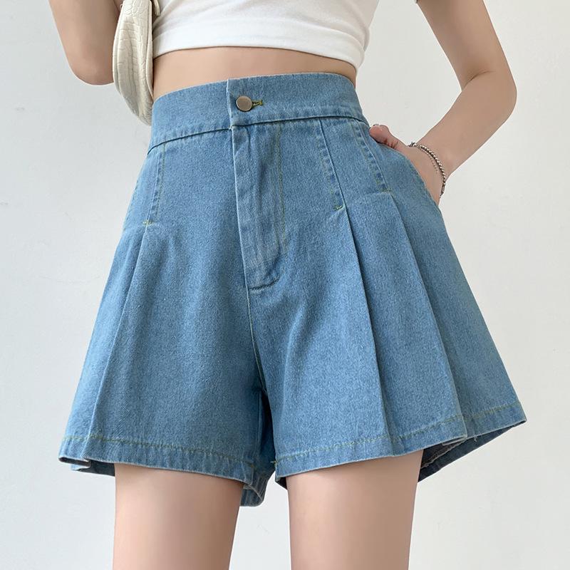 Women's Washed Denim Shorts, 2025 Summer Collection: Loose Wide-Leg Design, Elastic High Waist, Casual Fit.