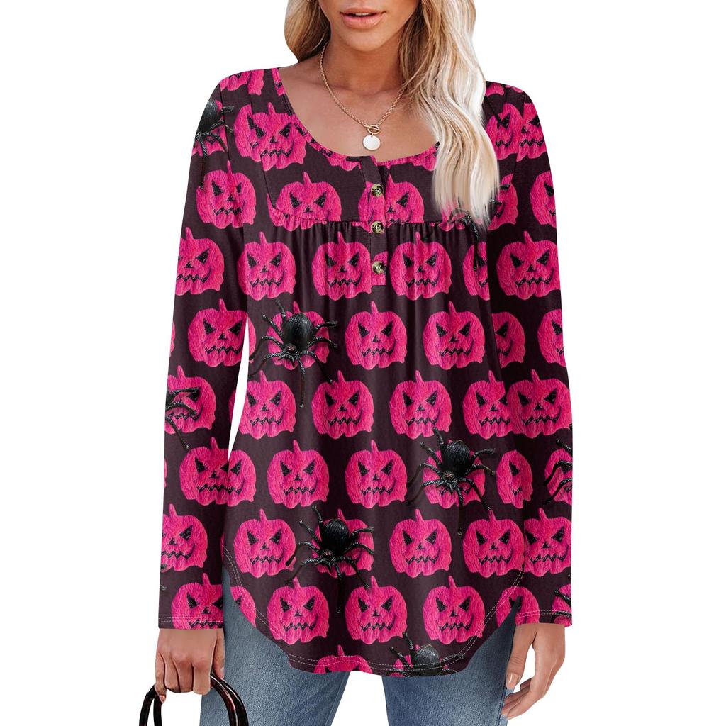 Женская туника с длинным рукавом, свободные топы, повседневные топы оверсайз, плиссированная туника, застегивающаяся на пуговицы, повседневные женские топы с принтом