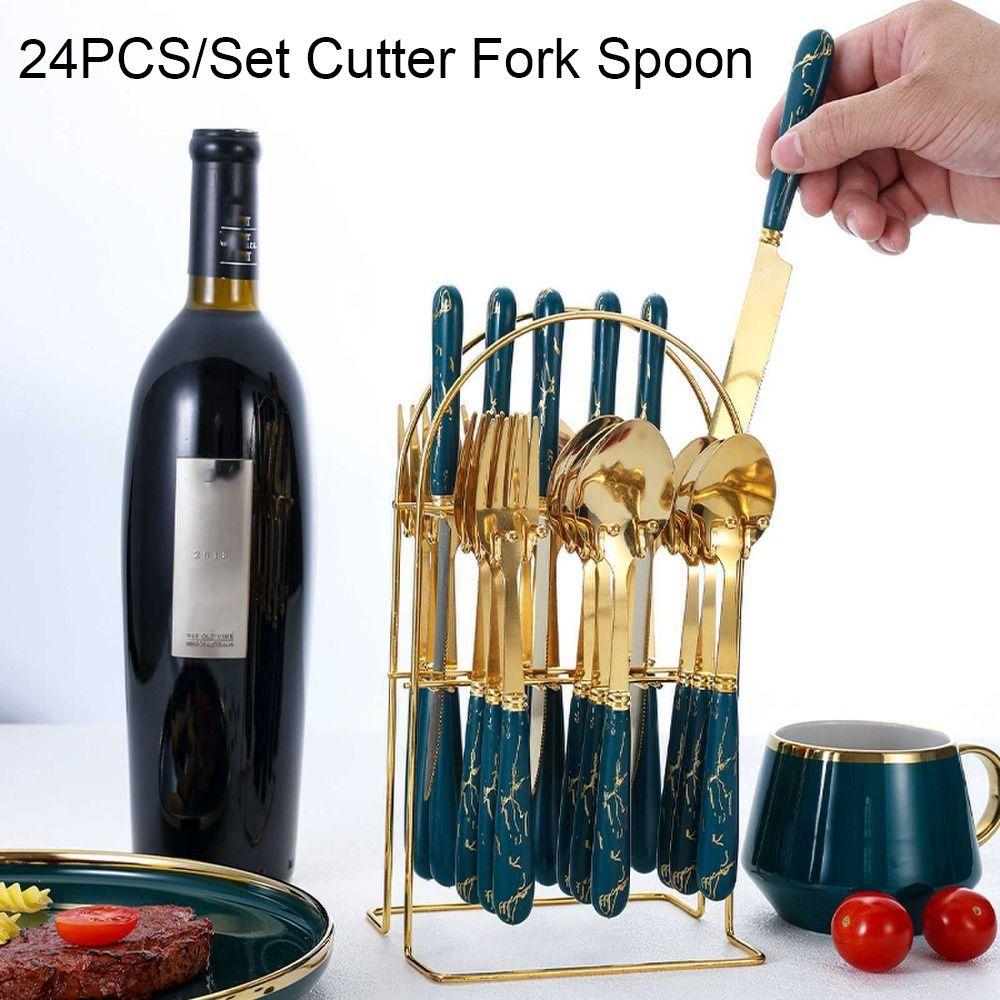 24pcs Stainless Steel Marbled Tableware Set Mirror Polished with Storage Rack Famliy Cutlery Set Nordic Style Flatware Kit