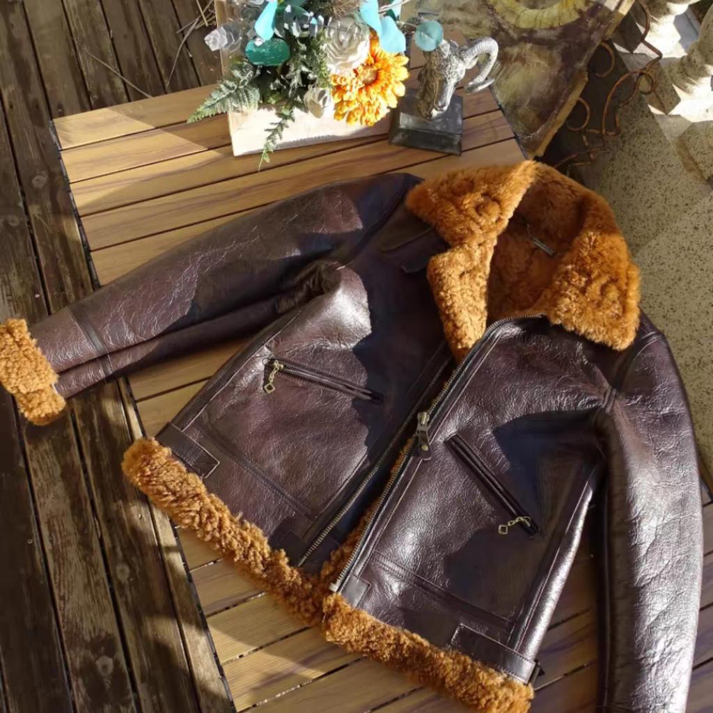 Thick Winter Warm 100% Fur Jacket.Air Force B3 Tpye Genuine Shearling Coat.Men Real Wool Cloth