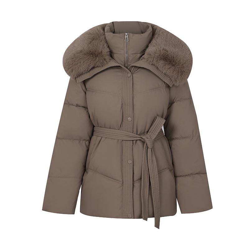 Women's large fur collar winter cotton-padded coat with large twill medium and long waist girdle differentiated goods