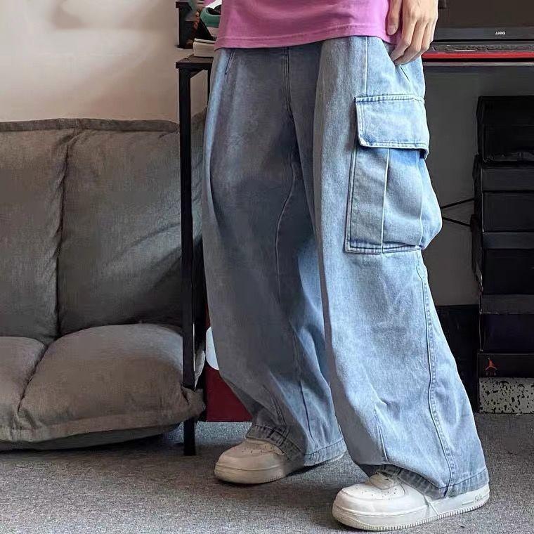 Мужские джинсы свободного кроя с широкими штанинами на весну и осень, прямые, с большими карманами