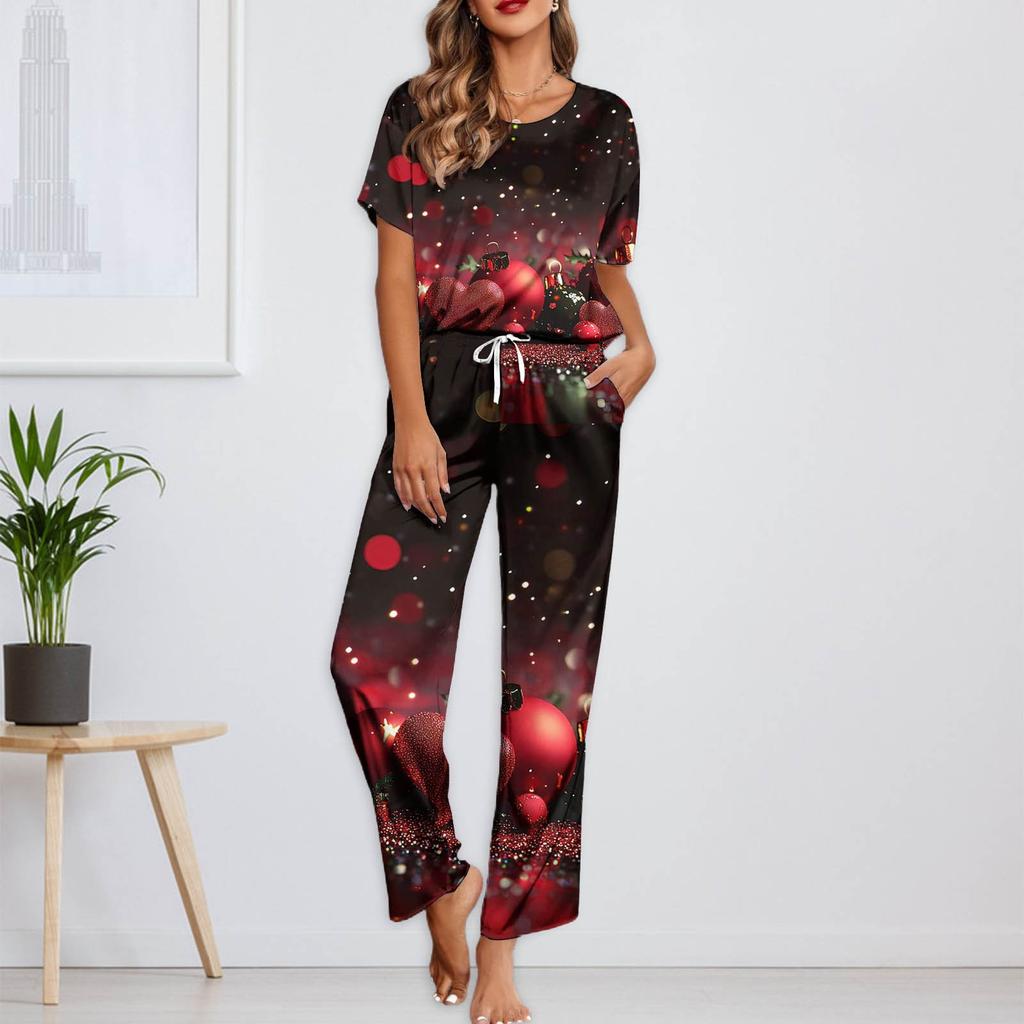 Женский шелковый атласный пижамный комплект с рождественским принтом, рубашка с коротким рукавом и длинные пижамные штаны, мягкая домашняя одежда