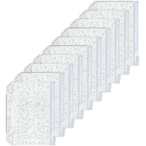 10 шт. A5 Конверты для наполнения наличными Карманы-файлы на молнии Прозрачный ПВХ с блестками 6-отверстные карманы на молнии Кармашки для loose-leaf планировщика на 6 колец (A5 5,91" x