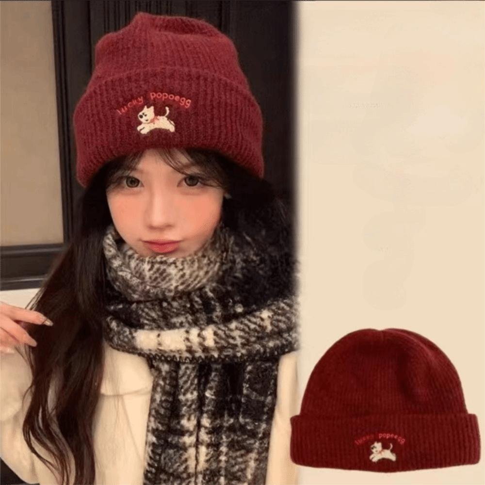 Cute Puppy Embroidery Winter Knitted Hat Thicken Winter Warm Beanie Cap Windproof Soft Crochet Bonnet Hat