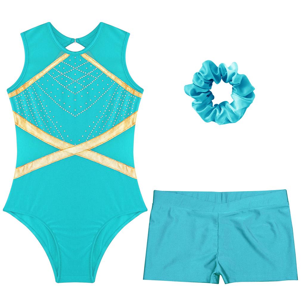 Гимнастический купальник для девочек без рукавов, блестящие стразы, вырез-замочная скважина сзади, шорты