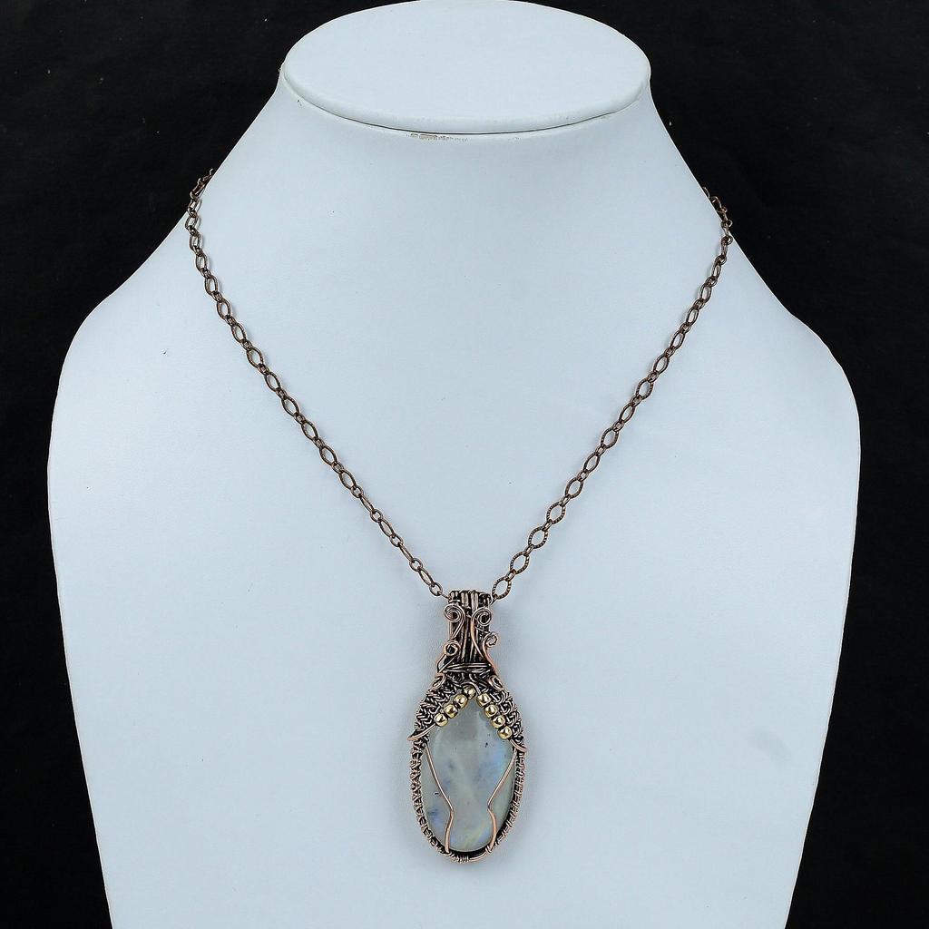 Подвеска Rainbow Moonstone, подвеска из медной проволоки с драгоценным камнем, подвеска ручной работы из лунного камня, медные украшения, подарок на помолвку, уникальные украшения из проволоки
