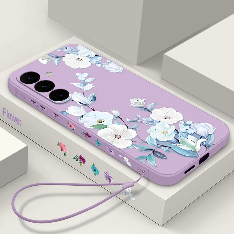 For Samsung S25 Ultra S24 FE S23 A56 A36 A16 A55 Phone Shell Floral Print Matte Lens Protection TPU Lanyard Soft Shockproof Silicone Slim Case Cover