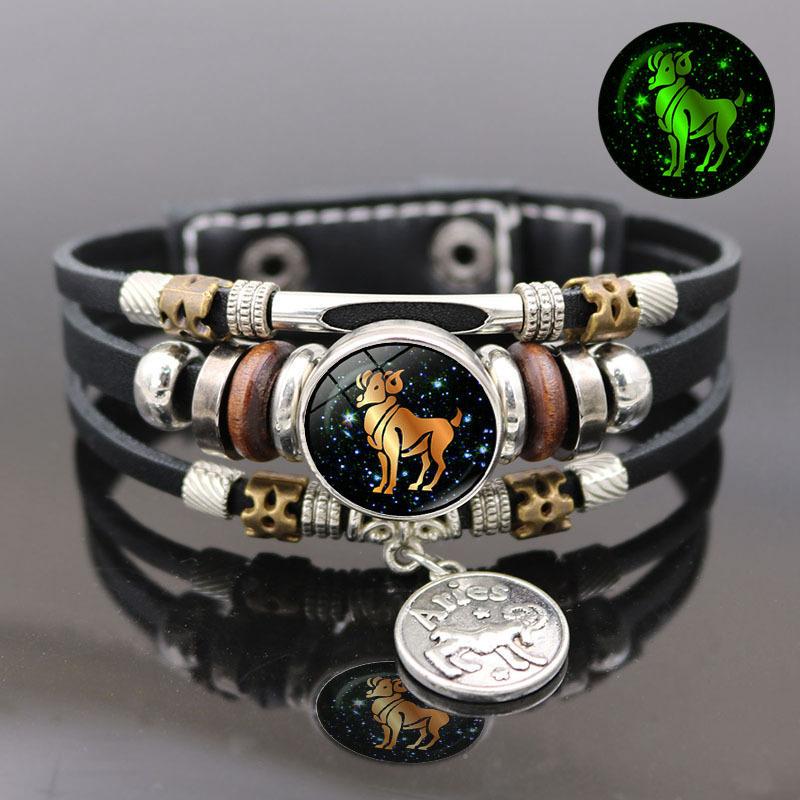 12 Constellations Multi Layers Leather Cuff Chain Bracelet Jewelry for Women Men Birthday Valentines