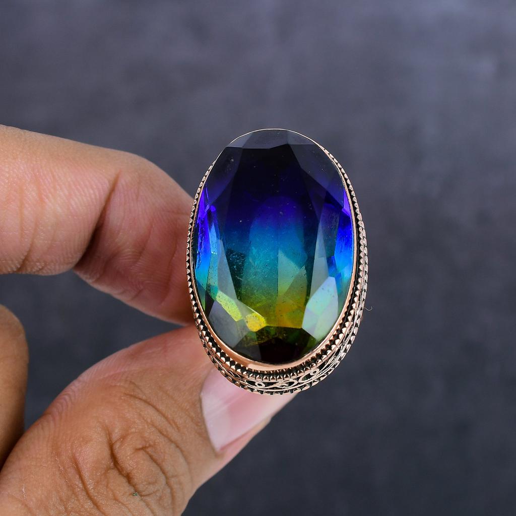 Natural Bi-Color Tourmaline Gemstone Handmade Copper Jewelry Ring Size 8 W3n69
