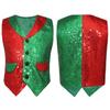Kids Boys Christmas Dress Up Color Block Sequin Vest Pointed Hem Decorative Flap Pockets Waistcoat for Stage