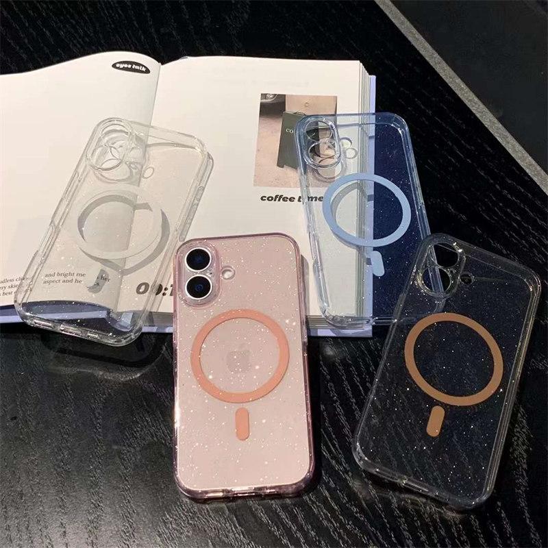 Роскошный прозрачный блестящий мягкий чехол для iPhone 16 15 Plus 14 13 Pro Max для беспроводной зарядки Magsafe, магнитный силиконовый чехол