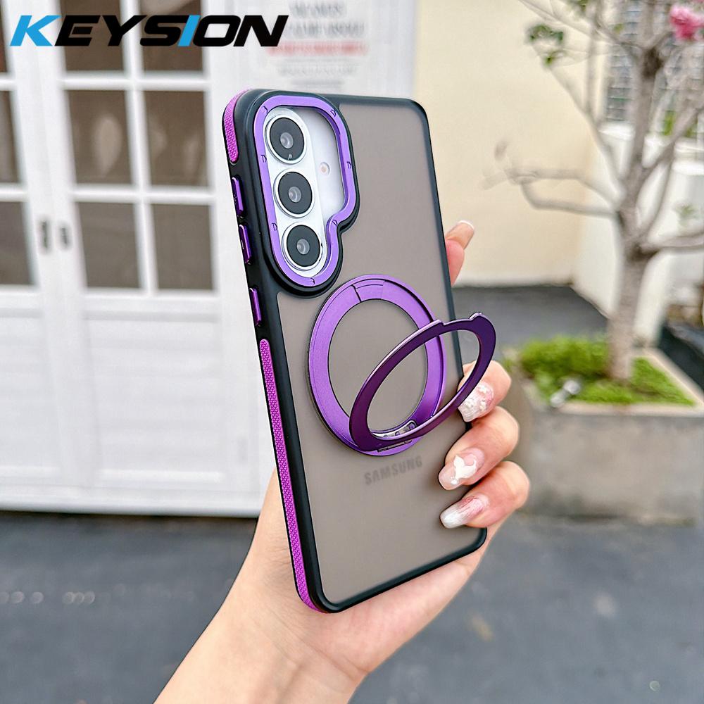 KEYSION Matte Translucent Magnetic Phone Case for Samsung Galaxy S25 S26 Ultra 5G S26+ 360° Rotating Ring Stand Shockproof Cover