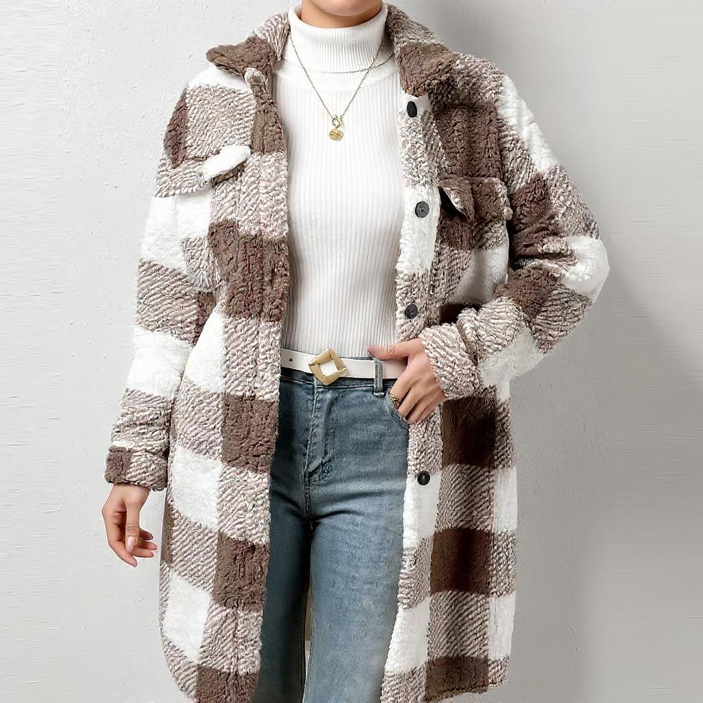 Women's Plaid Double-sided Plush Patch Pocket Button Cardigan Casual Top Jacket