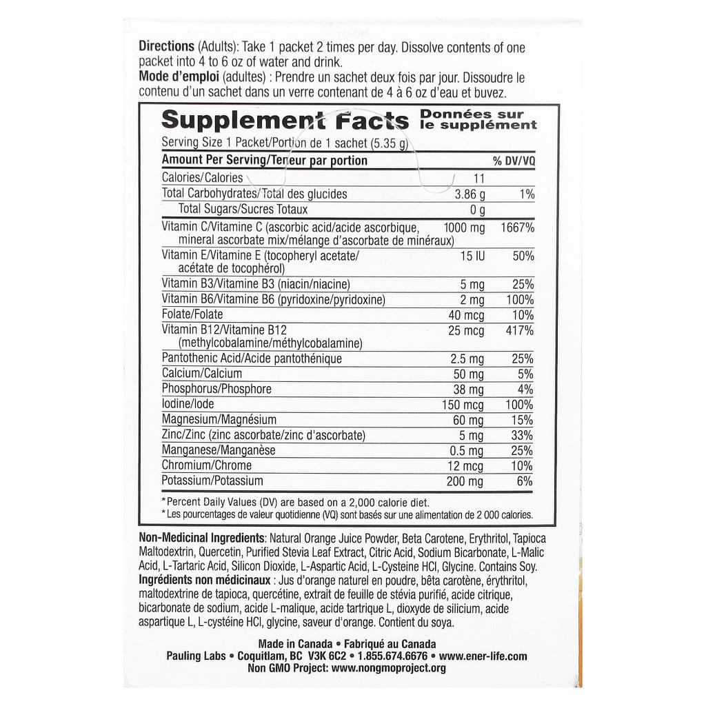 Ener-C, Tangy Multivitamin Drink Mix, Sugar Free, Orange Flavor, 1,000Mg, 30 Packets, 5.35G (0.2Oz) Each