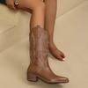 Осенние женские сапоги до середины икры 2025 года, новый тренд, заостренный квадратный каблук, без застежек, вышитые ковбойские сапоги в стиле вестерн для женщин, размер плюс 43