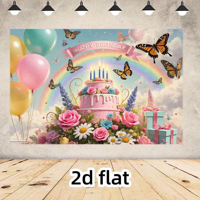 2D Whimsical Rainbow Backdrop, Happy Birthday with Butterflies & Cake Party Background