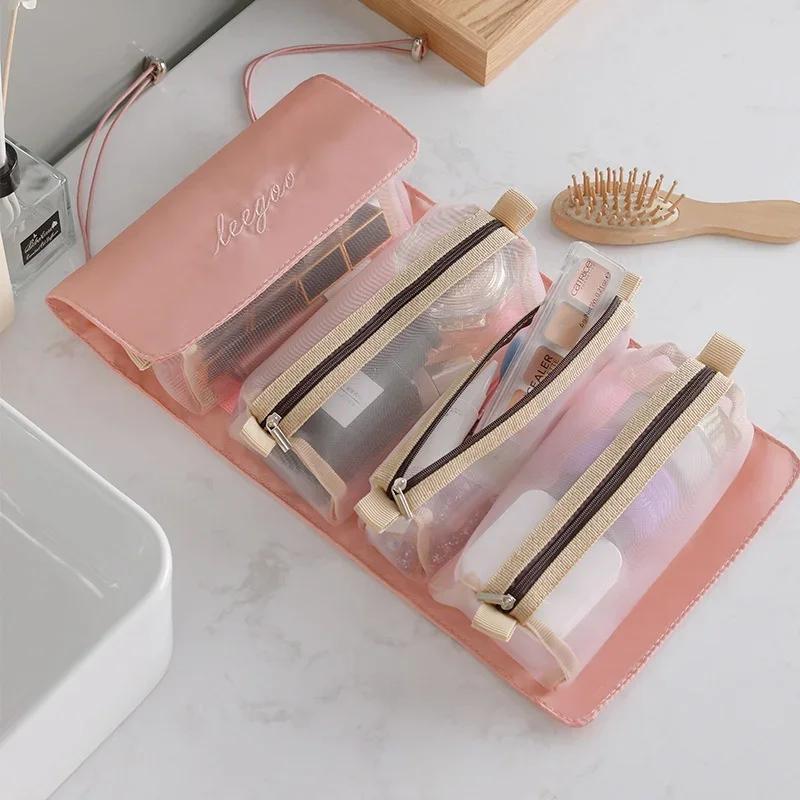 Складная косметичка для хранения туалетных принадлежностей, съемный влагозащищенный отличный набор 4 в 1, женские складные сумки для макияжа на шнурке