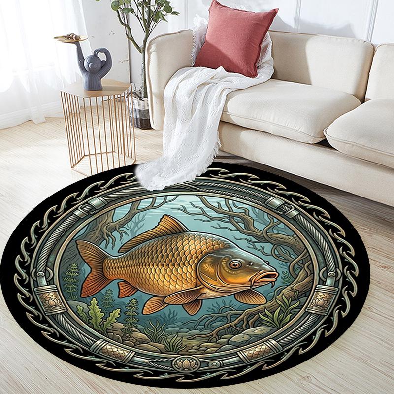 Underwater Fish Emblem Round Area Rug Under Office Chairs Bedroom Living Room Home Decor