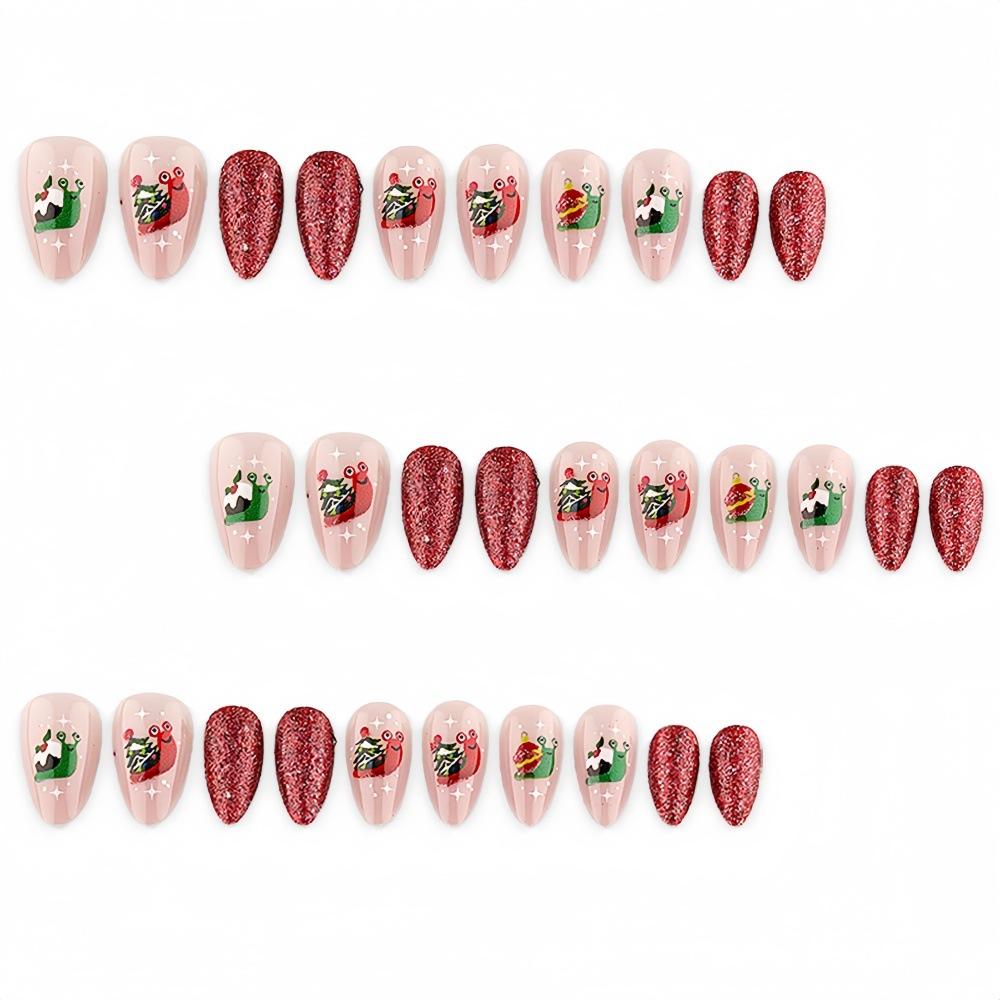 Christmas Burgundy Glitter Wear Nails Almond Nails Cute And Fun Christmas Snail Manicure Wear Nails