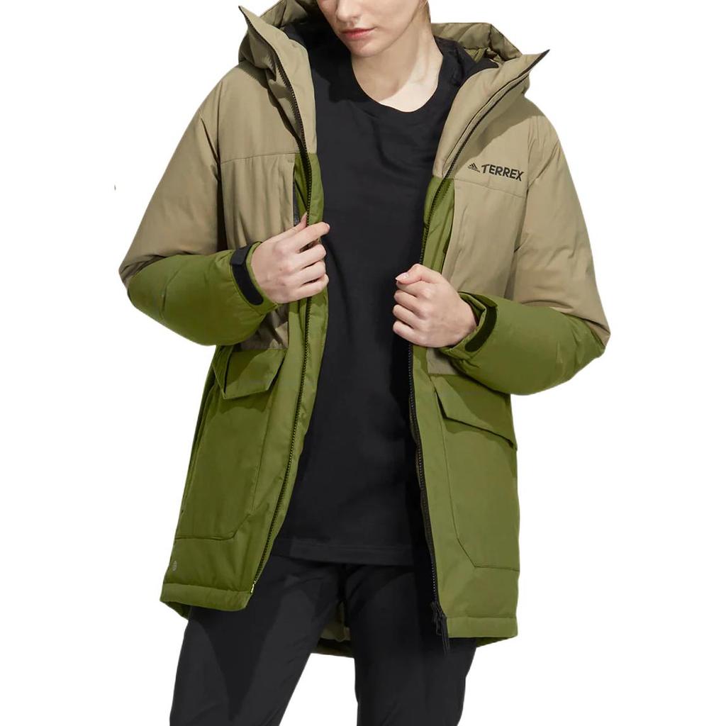 Adidas Colorblock Letter Print Hooded Zip Down Jacket Unisex Outerwear Deep-Olive-Green HN2010