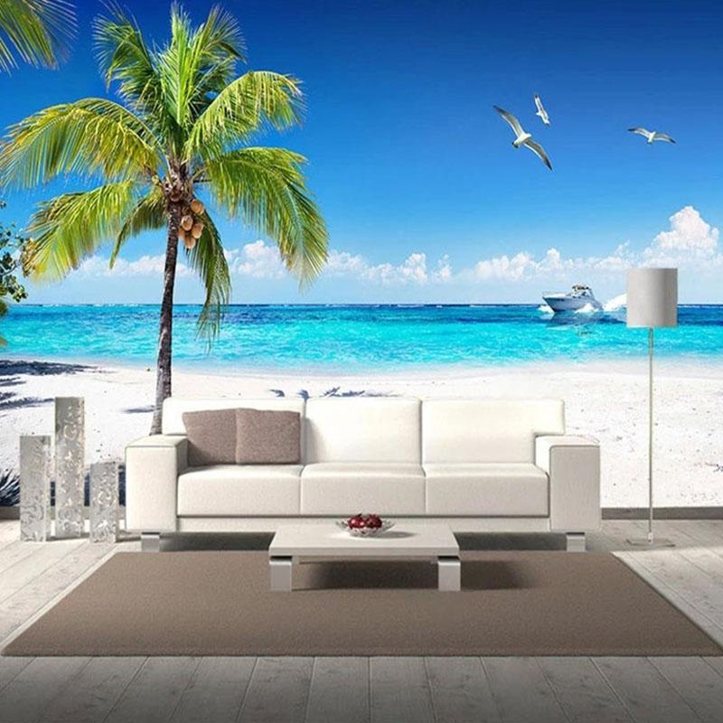Wallpaper 3D Seaside Landscape Coconut Tree Beach Wall Mural Living Room Theme Hotel Fresco