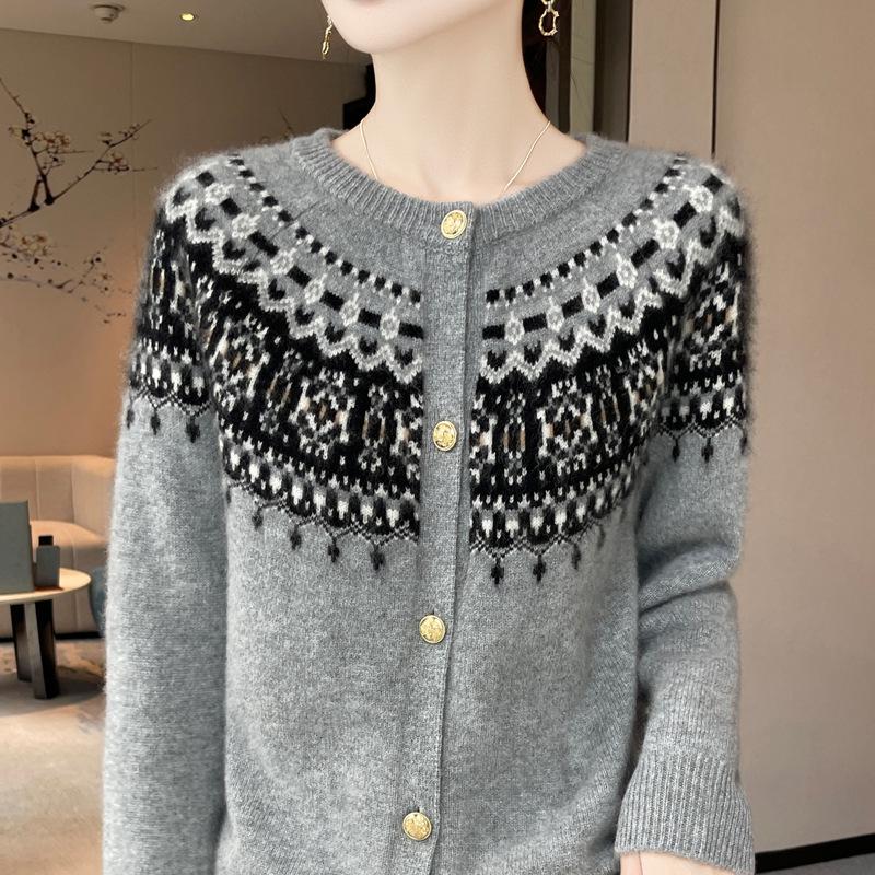 Women's Premium Wool Fair Isle Cardigan: Vintage Jacquard, Round Neck, Loose Knit Sweater for Autumn and Winter.