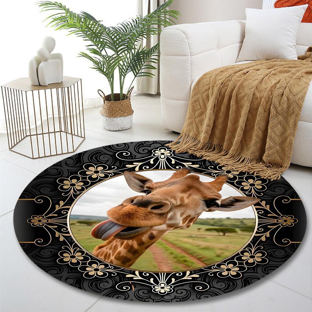 Playful Giraffe with Ornate Frame Print round rug, living room, bedroom, playroom carpet, non slip floor mat, gift