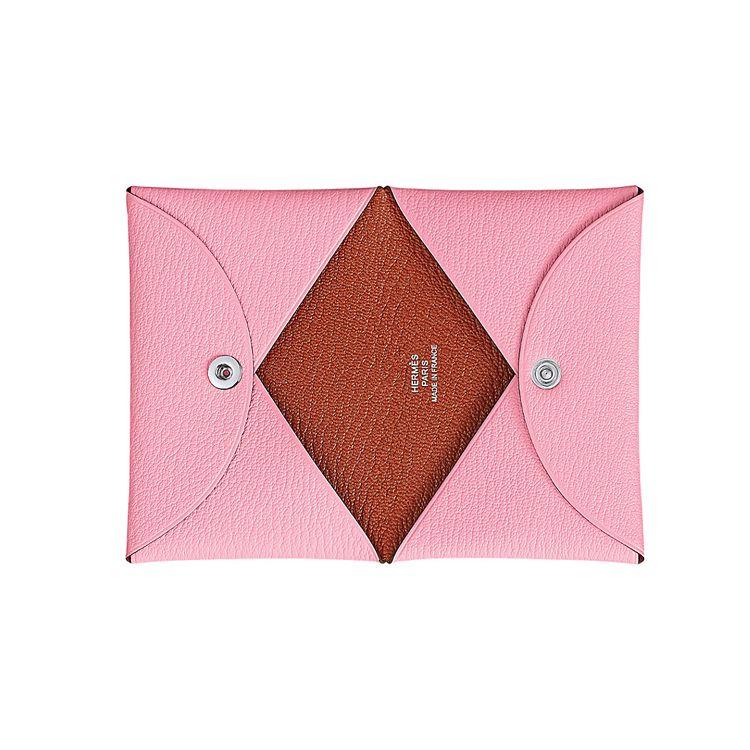 Hermès Calvi Silver Buckle Two-Tone Mysore Goat Leather Wallet Coin Purse Card Holder Women wallet Rose-Pink Brick-Red H078476CKAD