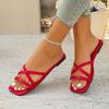 Flat  Women Sandals Summer New Ladies Square Toe Solid Color Cross Strap Fashionable Casual Women's Beach Sandals