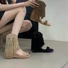 Inner Heightening Leather Roman Rivets Fringed Cool Boots Women'S Wedge Heel Open-Toed Bohemian Sandals