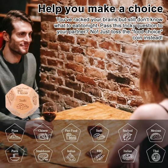 12-Sided Wooden Decision Dice for Date Night Christmas Stocking Stuffer Gift for Couples Food Choice Game for Valentine's Anniversary