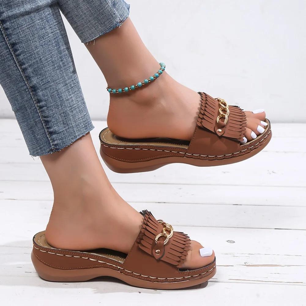 Модные женские танкетки Нескользящие ПУ Водонепроницаемые Ретро Однотонные Шлепанцы Женские Летние Новые Повседневные Пляжные Для Отпуска Сандалии с Круглым Носком