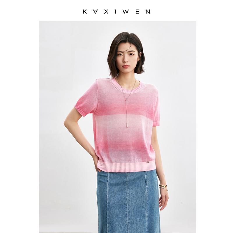 Qianwen Gradient Round Neck Knitted Shirt