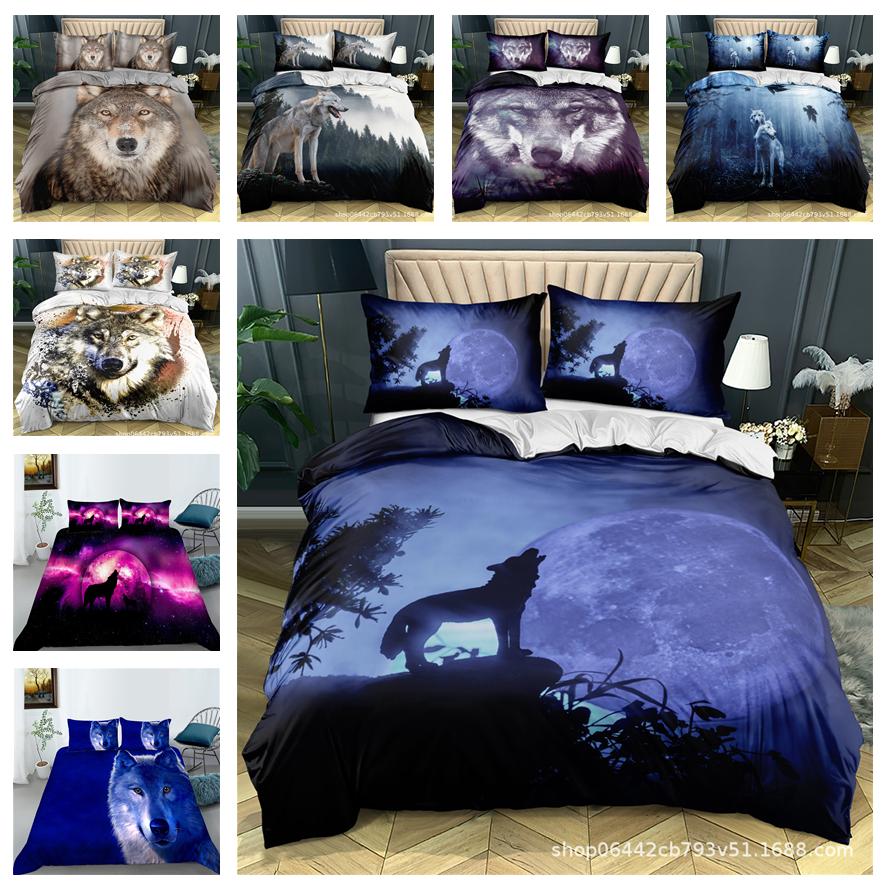 Wolf Themed Bedding Set with Animal Pattern Down Duvet and Pillowcase 2/3 Pieces of Microfiber Fabric Washable and Quick Drying Home Decoration