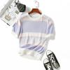 Summer Women's Thin Bottoming Round Neck Knitted Splicing Stripes and Colour Collision Small Fresh T-shirt