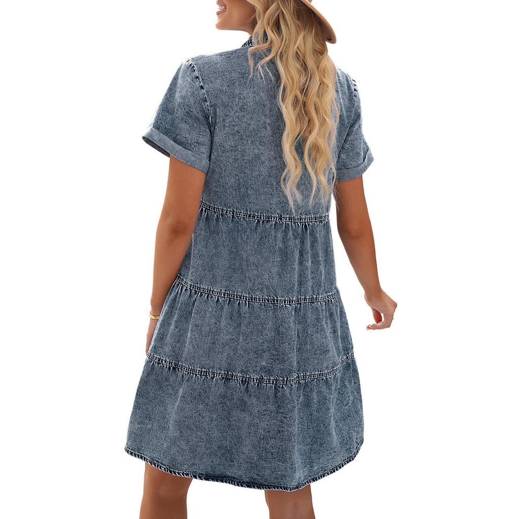Fashion Womens Summer Sexy Button Cuff Short Sleeve High Waist Denim Dress