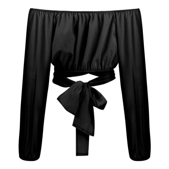 Женские сексуальные укороченные топы с открытыми плечами, блузка с фонарем и длинными рукавами, однотонная свободная футболка на шнуровке с крестом, уличная одежда