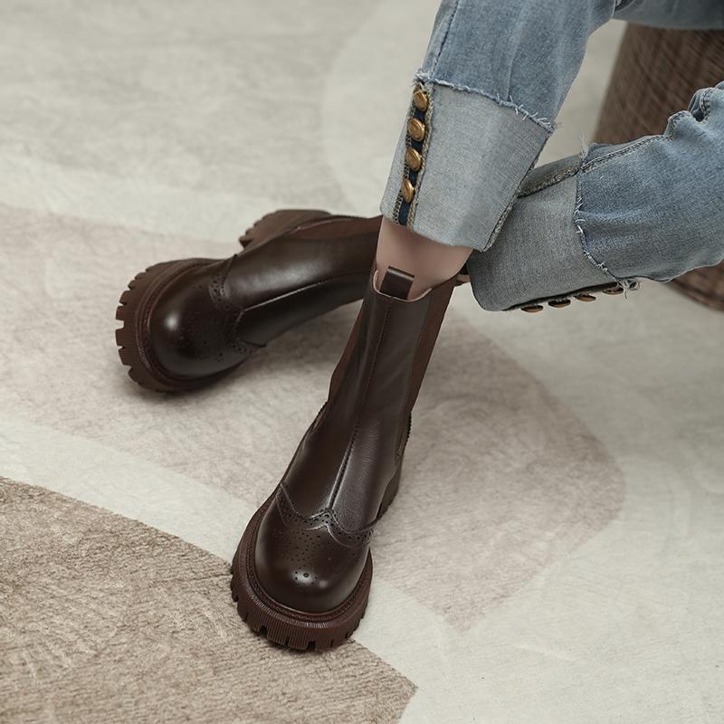 Новые женские ботинки из натуральной кожи, ботинки челси без шнуровки в стиле ретро, ​​ботильоны Brock с круглым носком и резной текстурой, осенне-зимняя женская обувь