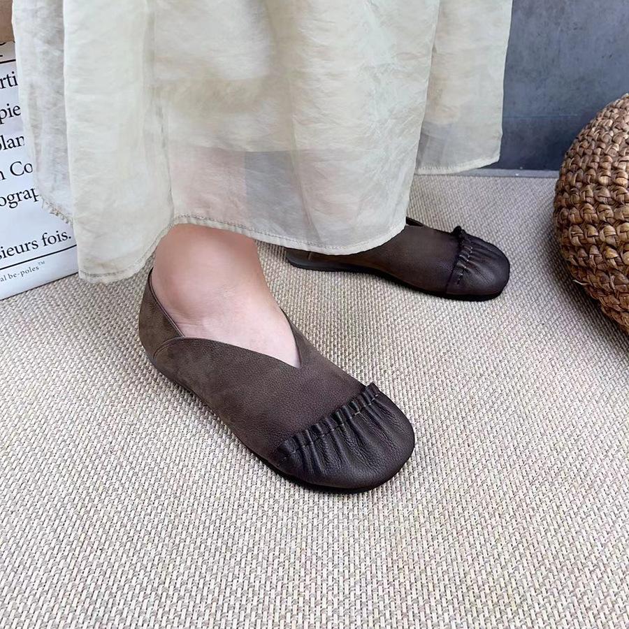 Johnature Плиссированные женские туфли на плоской подошве из натуральной кожи в стиле ретро, ​​повседневные лоферы без шнуровки ручной работы на мягкой подошве с круглым носком