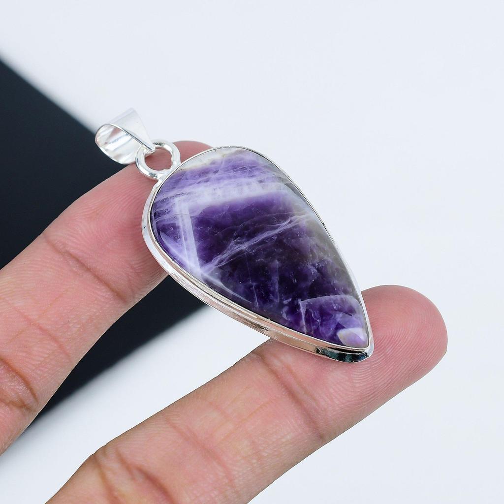 Chevron Amethyst Gemstone Silver Pendant In 925 Sterling Silver - Handmade Pear Design, Everyday Wear Jewelry Party Wear Gift