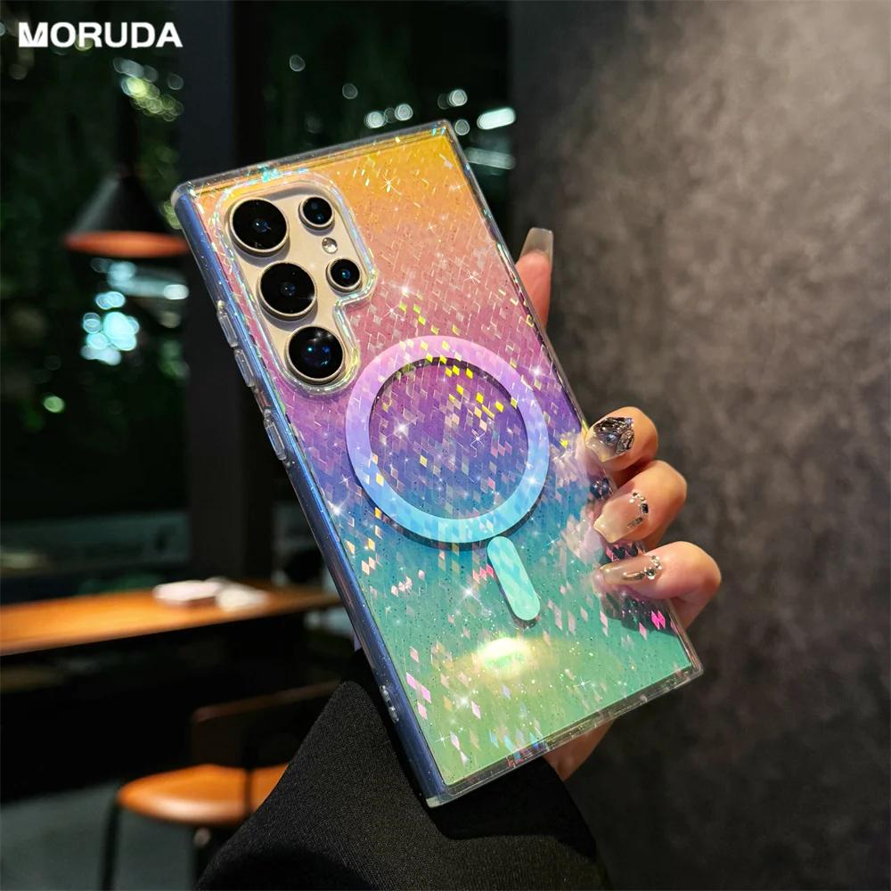 Блестящая Аврора для Акрилового Чехла для Samsung Galaxy S2 S24 S26 Ultra S23 S24 FE S22 Plus Магнитный Лазерный Градиентный Чехол