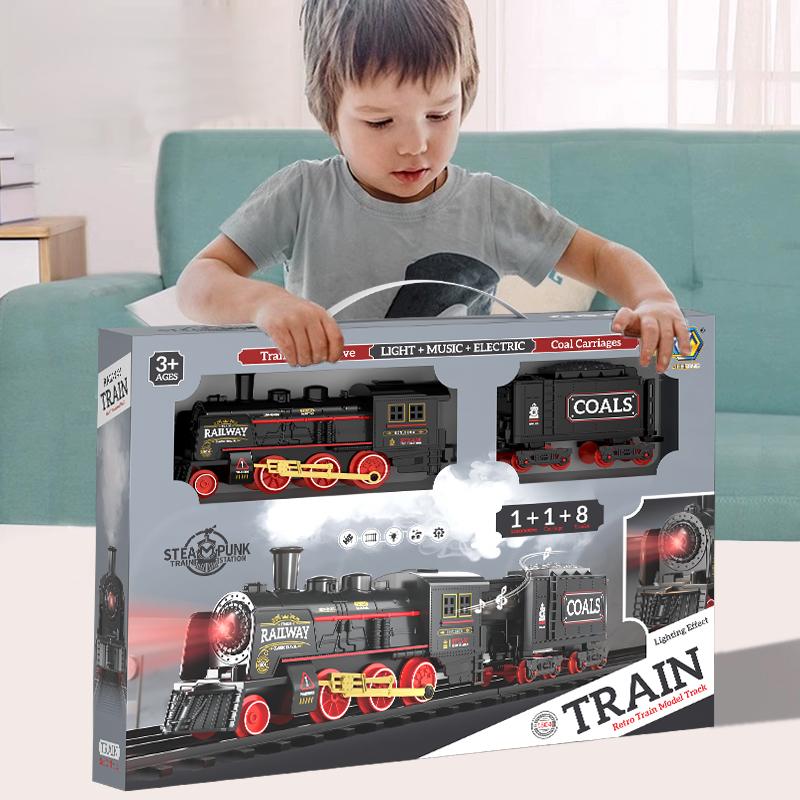 Retro Rail Train Toys Simulation Train Track With Steam Music Light Electric Car Toys Gift For Boys