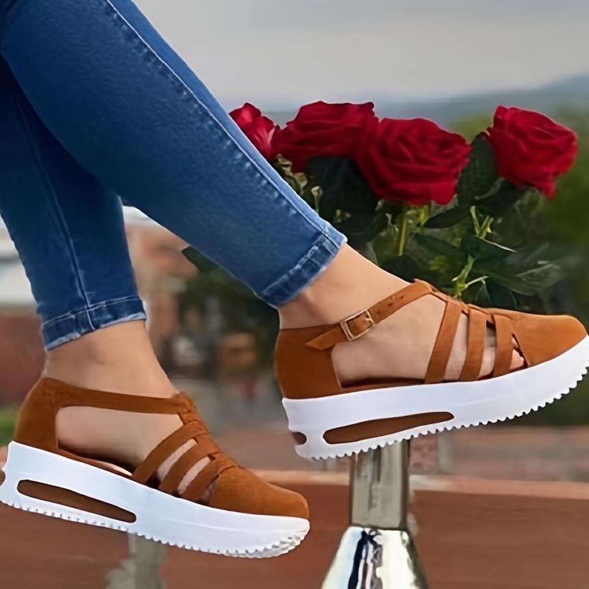 Летние женские сандалии на наклонном каблуке, повседневная женская обувь, полые туфли с круглым носком