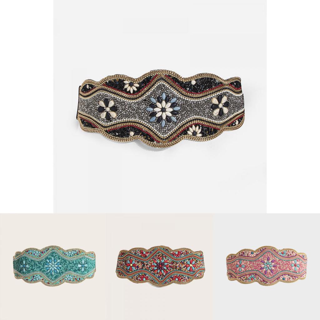 Boho Chic Beaded Wide Waist Belt With Geometric Design For Festival And Casual Wear