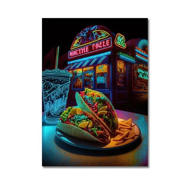 Неоновый арт, пицца, гамбургер, кофе, мороженое, плакат, настенная живопись на холсте, печатные изображения, ресторан быстрого питания, клубный бар, домашний декор без рамки