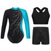 Girls Dance Outfit Set Mock Neck Long Sleeve Keyhole Back Color Block Design Leotard with Vest Shorts
