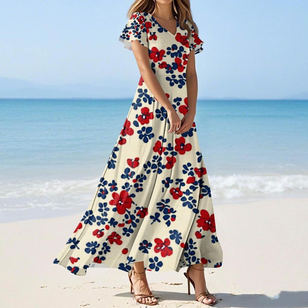 Женские летние повседневные модные платья с принтом и короткими рукавами и V-образным вырезом